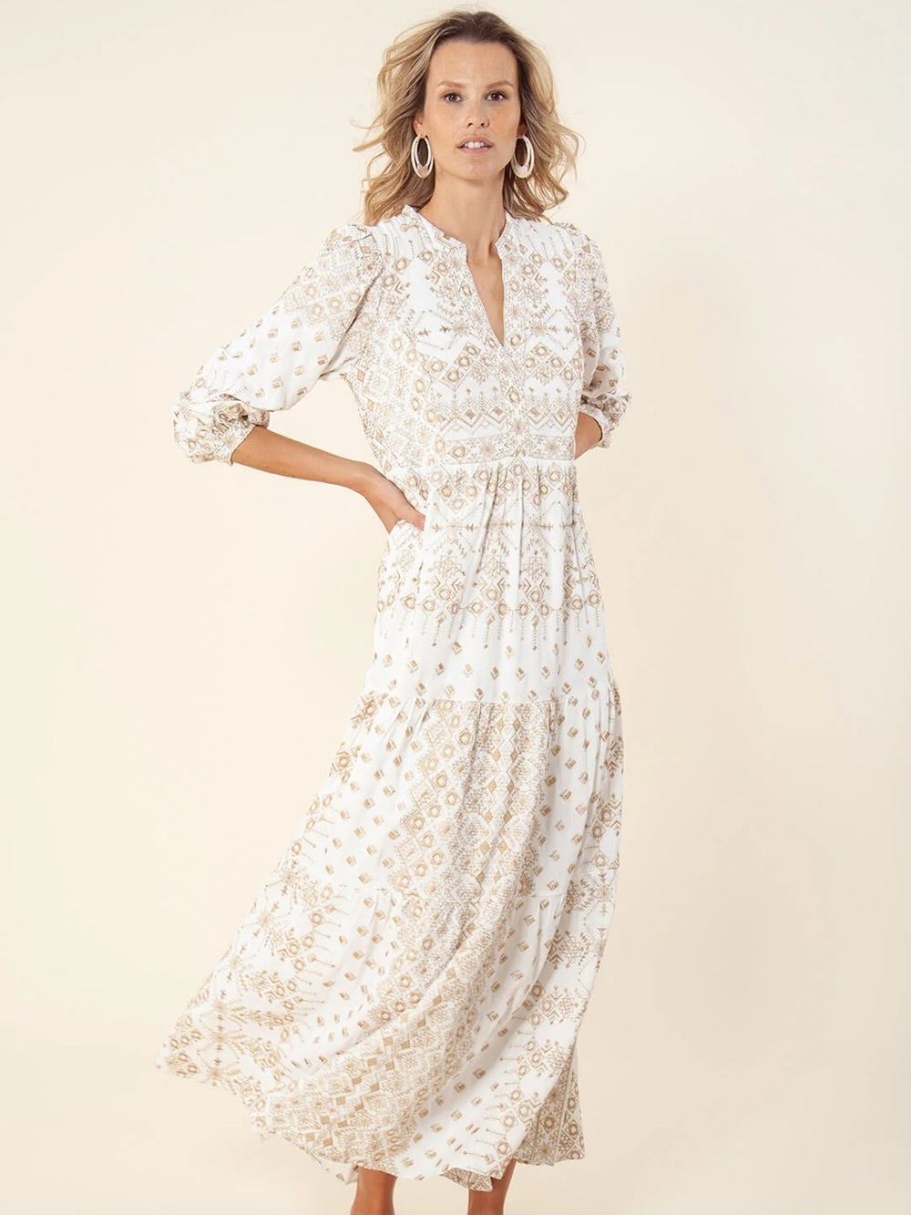 Hale Bob White Gold Embroidered Tiered Maxi Dress Size XS NWT